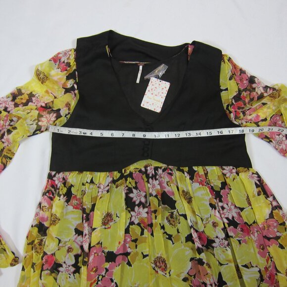 Free People Small Mini Dress Yellow Pink Floral Retro Black Vest Long Sleeve NEW - Picture 10 of 12